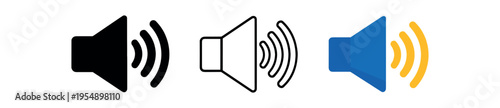Three speaker icons with radiating sound waves in solid black, thin outline, and blue speaker with yellow waves.