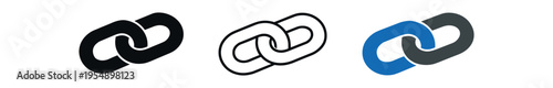 Three linked chain icons in solid, outline, and blue colored styles representing connection and link.