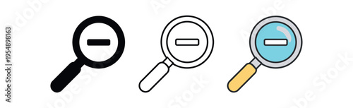 Three magnifying glass icons with a minus sign shown in black, outline, and colored versions.