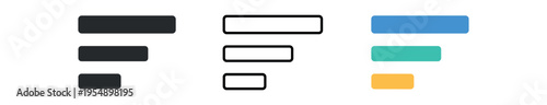 Three horizontal stacked bar chart icons presented as a solid black version, an outline version, and a colored version with blue green and yellow bars.