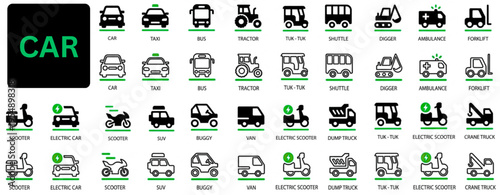 Car icon set. Car solid icon collections. Containing car, taxi, bike, bus, van, suv and scooter icons. Car Dealer, Vehicle and Automobile Industry Icon set. 