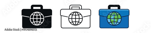 Three briefcase icons with a globe emblem shown in black, outline, and full color variations.