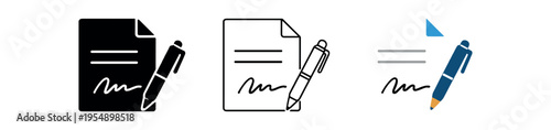 Three document and pen icons displayed as solid, outline, and colored versions with a signature mark.