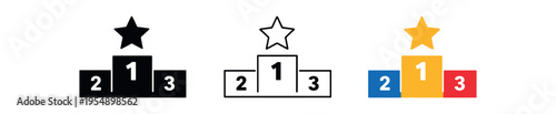 A set of three icons shows a winners podium with a star and numbered steps in black, outline, and colored variants.