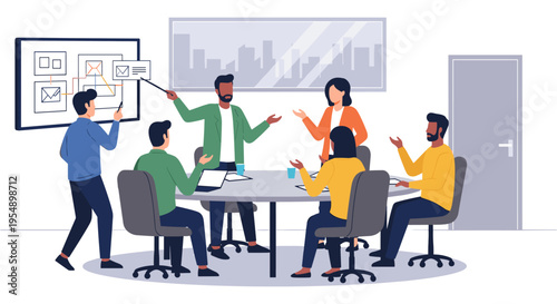 Diverse team discussing business strategy in modern office with flat design colorful vibrant lighting for corporate branding