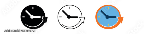 Three circular clock icons with a clockwise arrow shown in black silhouette, outline, and colored versions.