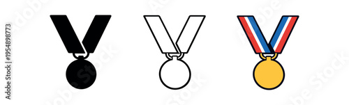 Three medal icons with a ribbon and circular medallion shown in solid, outline, and colored forms.