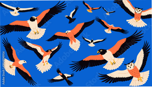 Energetic Scene of Various Bird Species Like Eagles in Mid-Flight