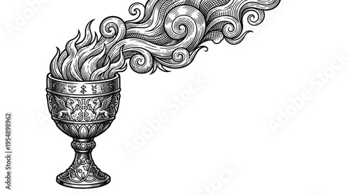 Mystical goblet emitting swirling flames in a three‑quarter view illustration, rendered in grayscale with ornate details against a white backdrop