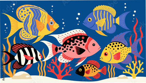 Group of Colorful Tropical Fish with Unique Patterns Swimming Underwater