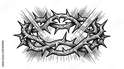 Detailed Sketch of Crown of Thorns with Crossed Swords, Shading from Left Light, Black‑and‑White Illustration Viewed Frontally