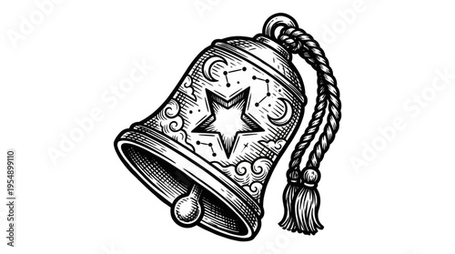 Detailed Black-and-White Line Illustration of a Decorative Bell with Star, Tassel, Rope and Intricate Patterns Viewed Front-On