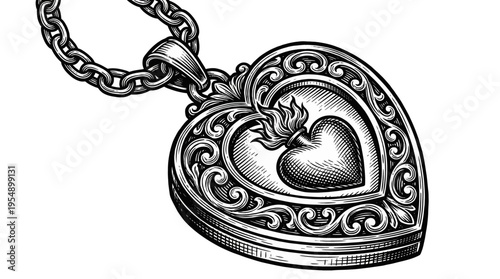 Close‑up view of a silver heart‑shaped locket on a delicate chain, featuring a flaming heart motif, photographed against a plain white backdrop