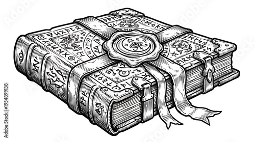 Grayscale illustration of an ancient leather-bound tome displayed at an angle, front cover facing top-left, captured in studio lighting, book focus