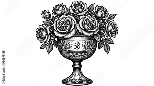 Close-up view of an ornate vase overflowing with roses in a detailed black‑and‑white illustration, captured from a frontal perspective