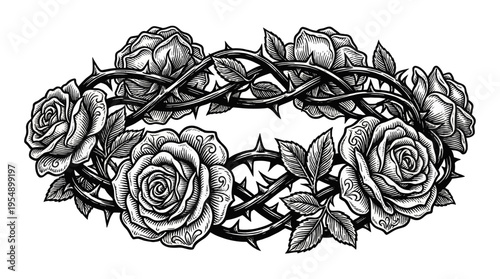 Elegant Monochrome Illustration of Crown Wreath of Roses and Thorns with Leaves Centered on White Background, Seen from Front Perspective