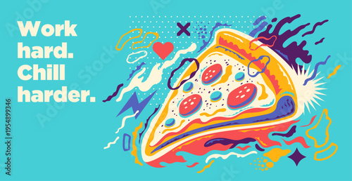 Conceptual illustration with a pizza slice and colorful abstract shapes. Vector illustration.