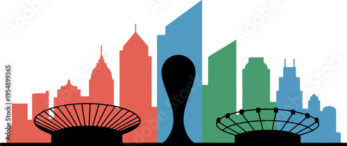 Stylized city skyline with modern buildings and domes