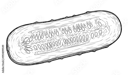 Hand-drawn sliced cucumber vector illustration for coloring pages and farm produce designs