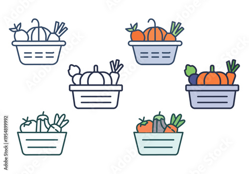 新鮮な野菜のカゴ詰めセット、カラーと線画のイラスト