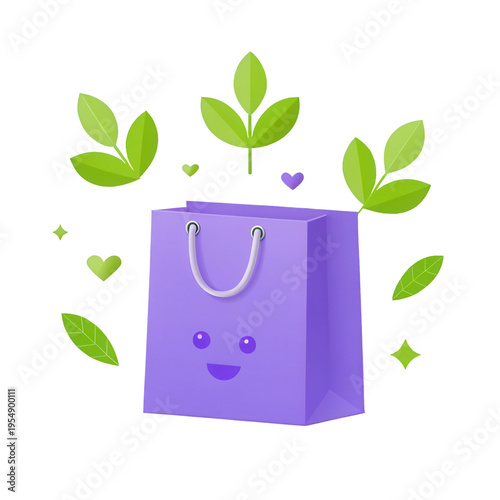 Pastel 3D e-commerce icon. Happy purple shopping bag with leaves and hearts around it.
