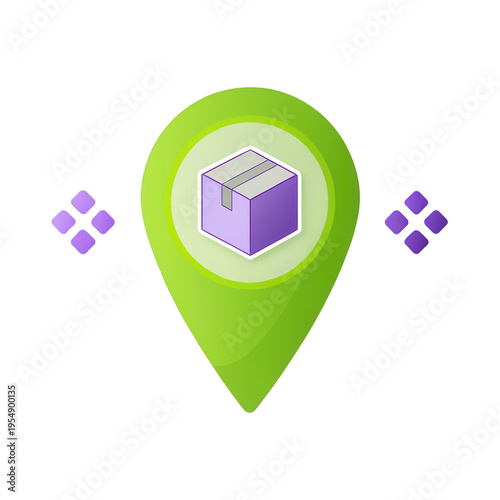 Pastel 3D e-commerce icon. Package delivery icon featuring a green pin and a box illustration.