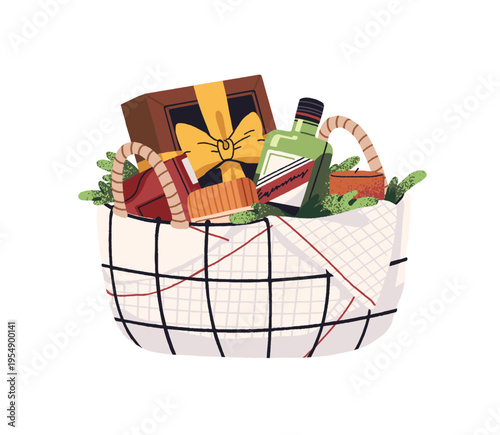 Basket with different gifts. Hamper with groceries and present kit. Straw box with treats, bottle of alcohol and festive candies package. Flat isolated vector illustration on white background