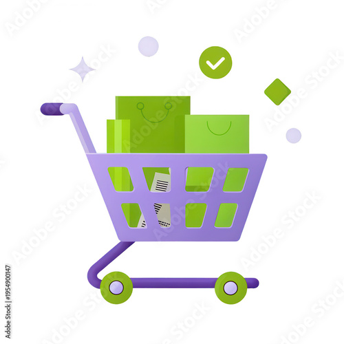 Pastel 3D e-commerce icon. Shopping cart filled with colorful boxes and symbols representing shopping satisfaction.