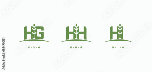 Set of initials letter HG, HH, HI nature plant logo design. HG leaf symbol. HH monogram growth logo. HI initial letter crops plantation logotype
