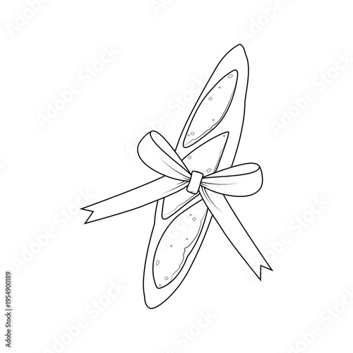 Line art illustration of baguette bread tied with ribbon isolated on white background. Bakery product outline for packaging design, cafe branding, food labels and artisanal bread themes.