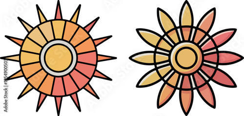 Two stylized suns with pointed and rounded rays in warm colors