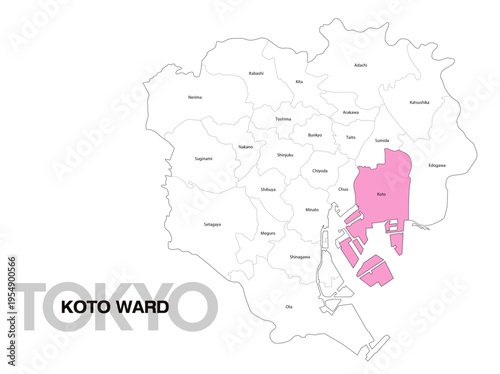 東京都江東区の位置地図 区名有り(英語) 04