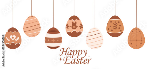 Happy Easter greeting card design with hanging brown patterned eggs