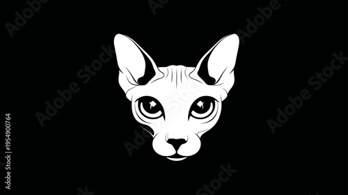 Elegant Sphynx cat head vector illustration. Minimalist black and white portrait of a hairless cat face with big ears on a dark background.