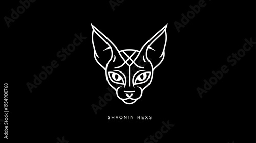Minimalist elegant white line art illustration of a stylized cat head, possibly a Sphynx, with striking eyes on a black background, modern design.
