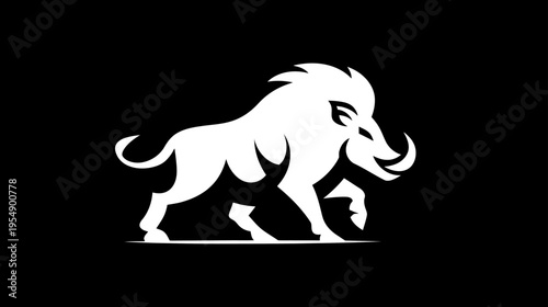 Powerful white wild boar silhouette on black background. Aggressive hog graphic design, strong animal vector illustration.