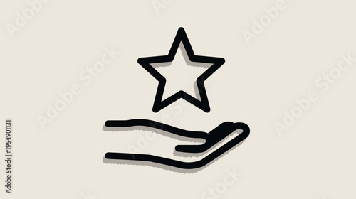 Minimalist outline icon of a human hand holding a star symbol, representing quality, excellence, rating, and best choice.