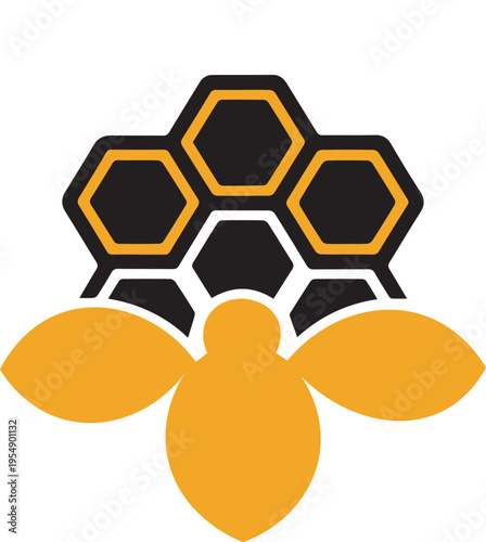 Vector bee icon with honeycomb, black and yellow
