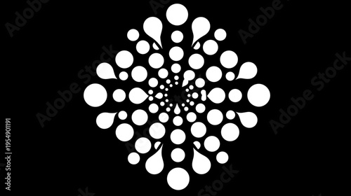 Abstract radial pattern of white dots and teardrop shapes on a black background, symmetric minimalist graphic design element.