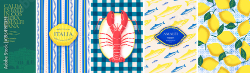 Amalfi summer pattern with yellow lemons and mediterranean sea tiles. Italian poster set with lobster and nautical fish. Retro coastal vintage blue prints. Italian text Hot summer on Amalfi Coast.