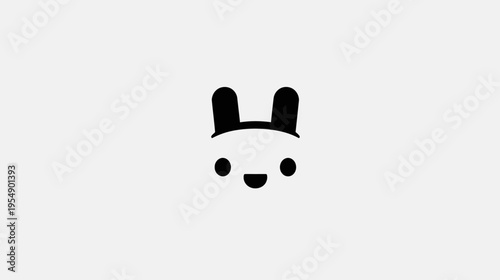 Cute minimalist black and white bunny rabbit icon illustration with a smiling face on a clean white background. Simple graphic design.