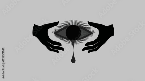 Stylized illustration of a human eye with long eyelashes, held by two hands, shedding a single dark tear, depicting sadness and emotion.
