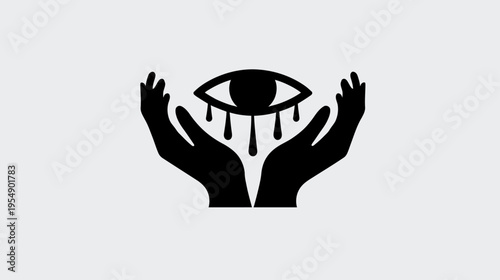 Symbolic vector icon of cupped hands cradling an eye with falling tears, representing emotion, sorrow, empathy, or vision.