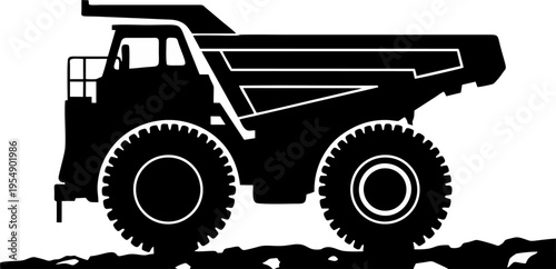 Giant Mining Dump Truck Silhouette Driving on Rough Quarry Road Vector Illustration