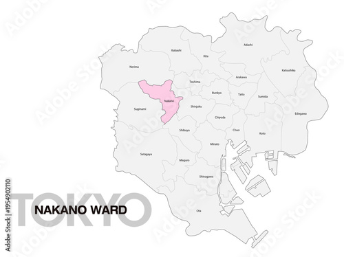 東京都中野区の位置地図 区名有り(英語) 02