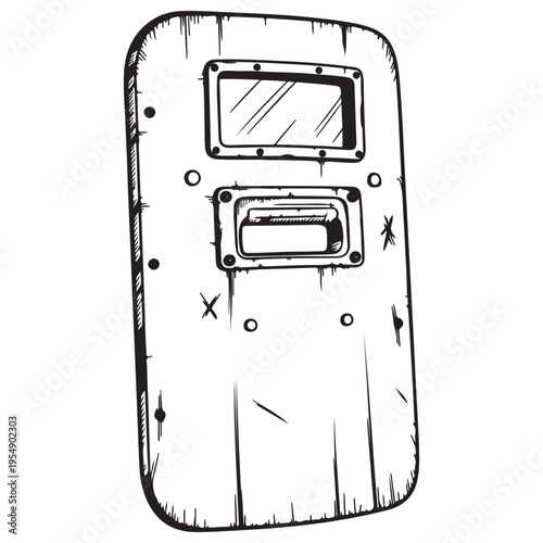 Gritty hand-drawn ballistic riot shield illustration featuring a viewing window and battle-worn scratches, isolated on white background in a bold black and white comic book ink sketch style.
