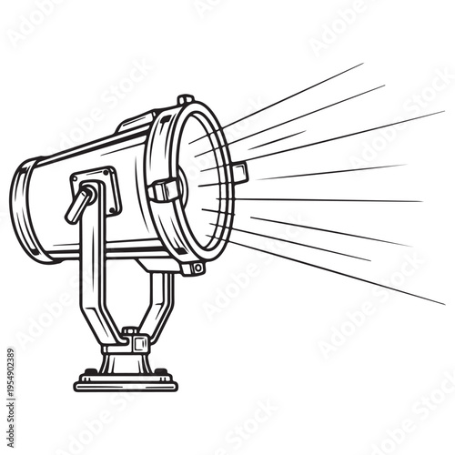Vintage industrial spotlight searchlight illustration emitting powerful beams of light, isolated on a white background in a classic woodcut engraving style for dramatic cinematic design.