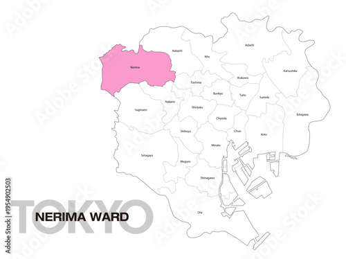 東京都練馬区の位置地図 区名有り(英語) 04