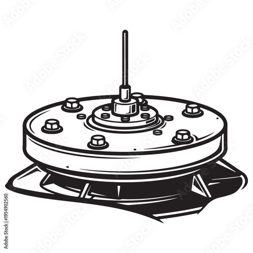 Industrial mechanical clutch assembly or pulley component featuring detailed bolts and central shaft, isolated on white background for technical documentation or automotive repair manuals.