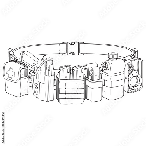 Detailed Tactical Duty Belt Illustration Featuring Handgun Holster, Magazine Pouches, First Aid Kit, and Handcuffs in a Clean Line Art Style for Coloring Book or Technical Design Layouts.